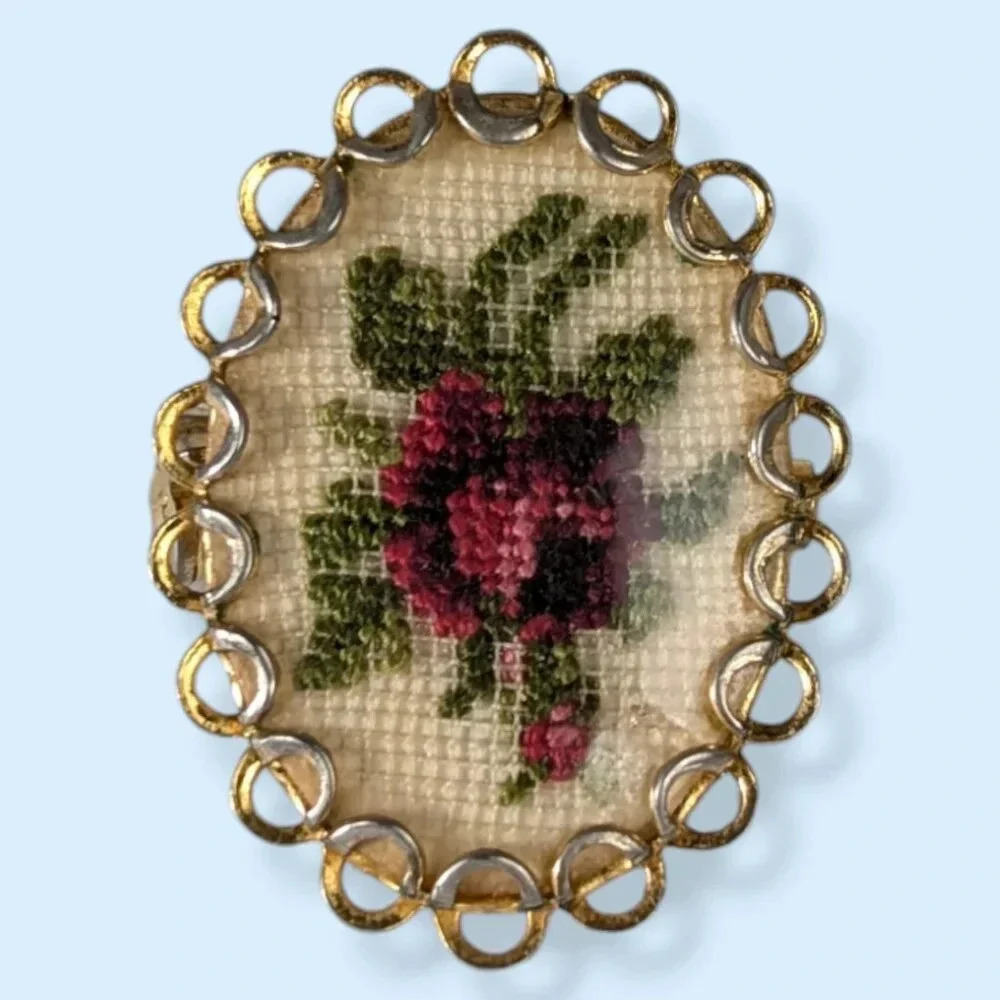 (2/$20) Vintage Petitpoint Floral Brooch